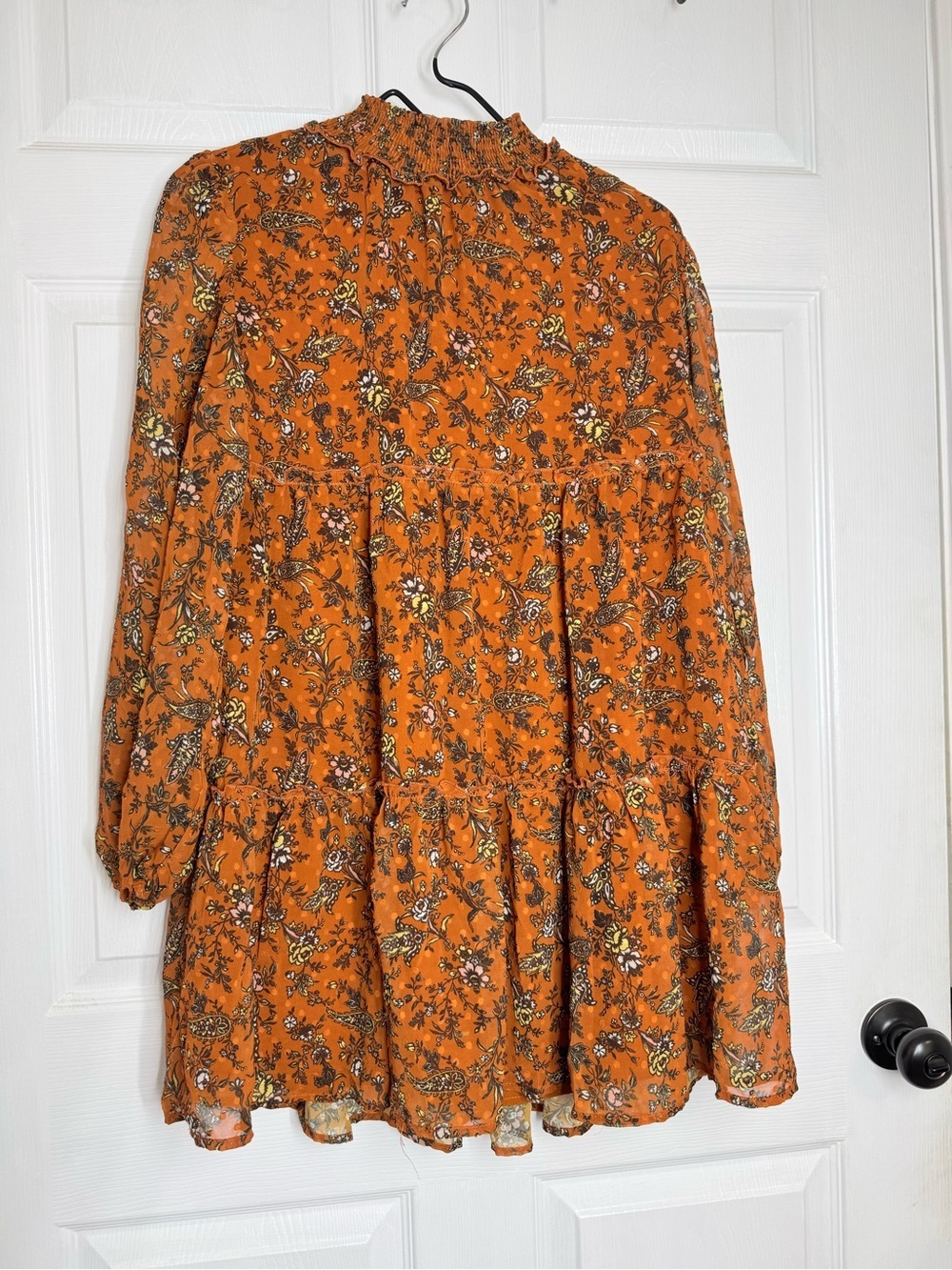 Forever 21 Orange Floral Long Sleeve Smocked Neck Dress